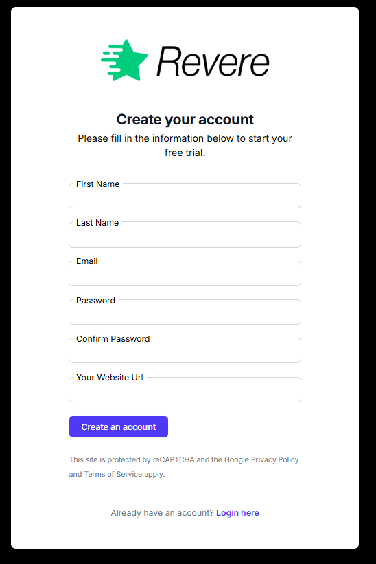Revere registration screen